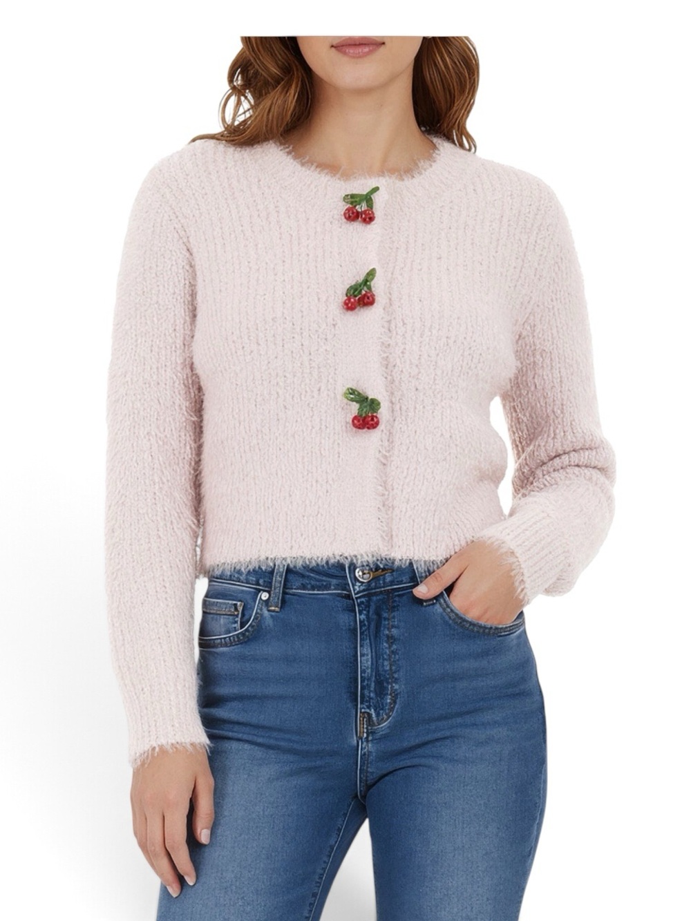 All in One Fuzzy Pink Cherry Cardigan Size Small NWT